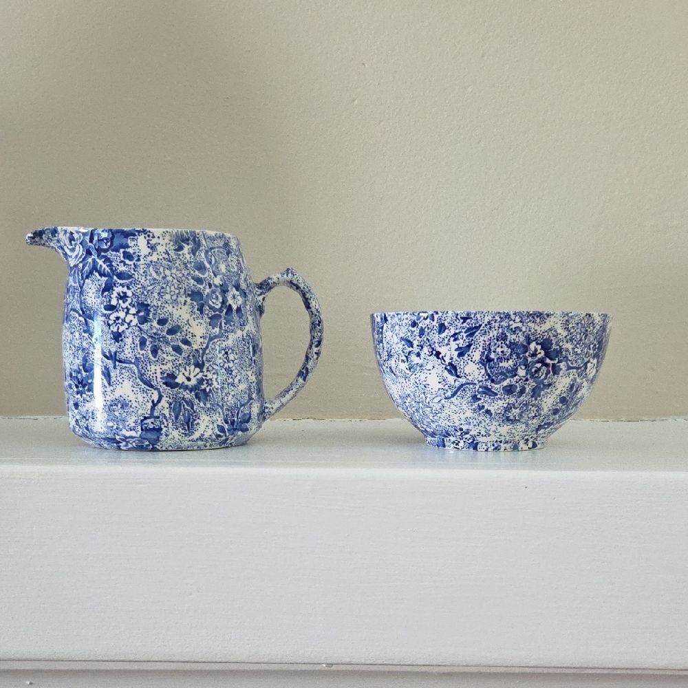 Blue and White Floral Pitcher and Bowl Set